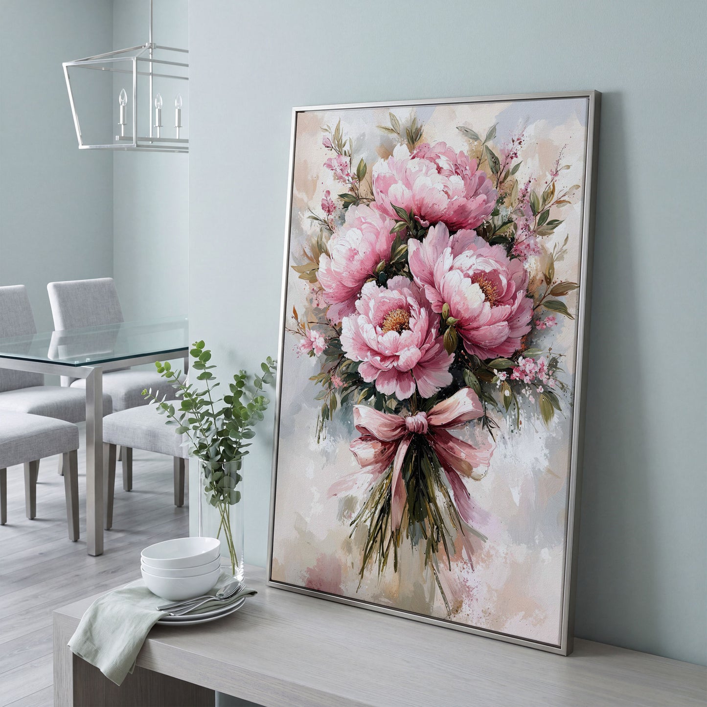 Pink Peony Bouquet Canvas Print for Living Room in silver floating frame