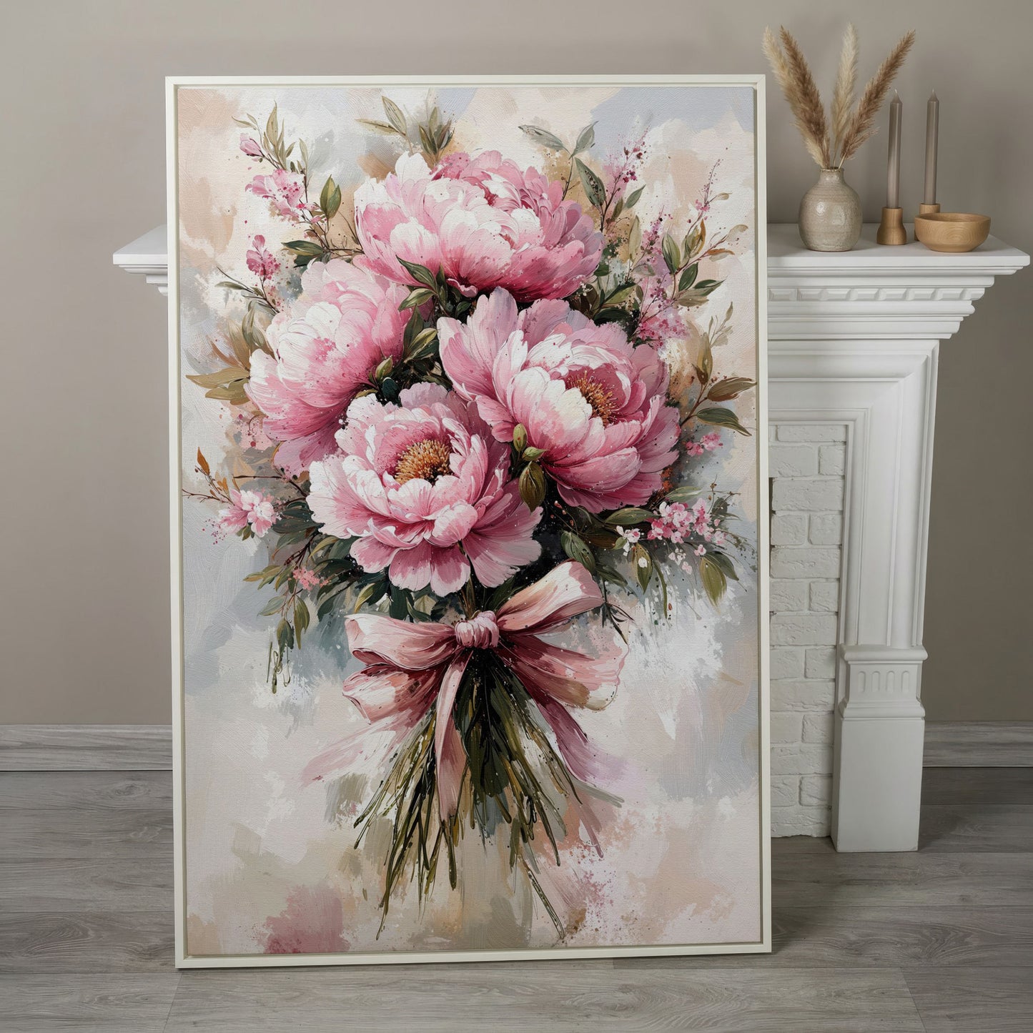 Pink Peony Bouquet Canvas Print for Living Room in white floating frame