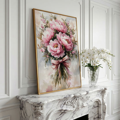 Pink Peony Bouquet Canvas Print for Living Room in yellow gold floating frame