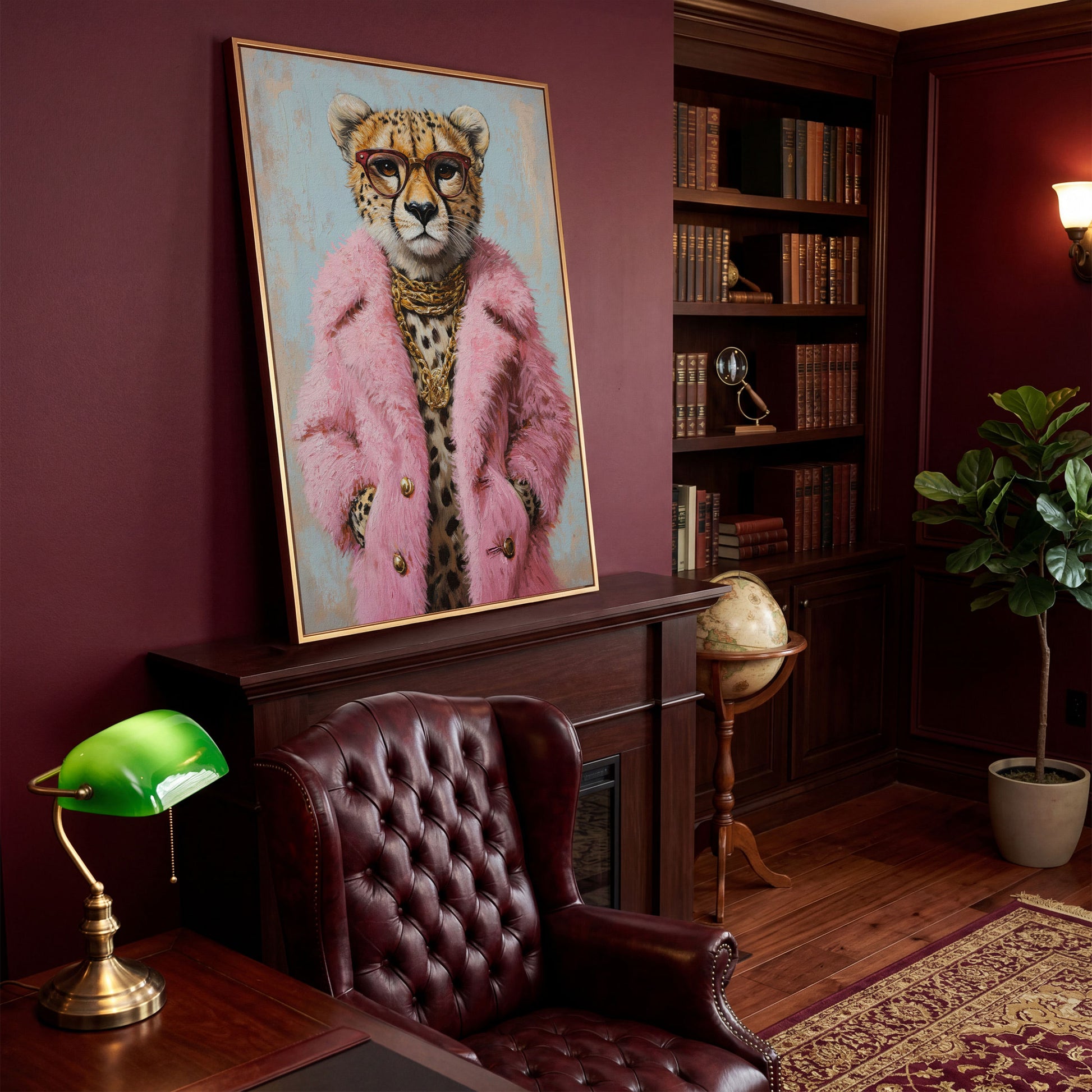 Cheetah in Pink Coat Canvas Print in antique gold floating frame