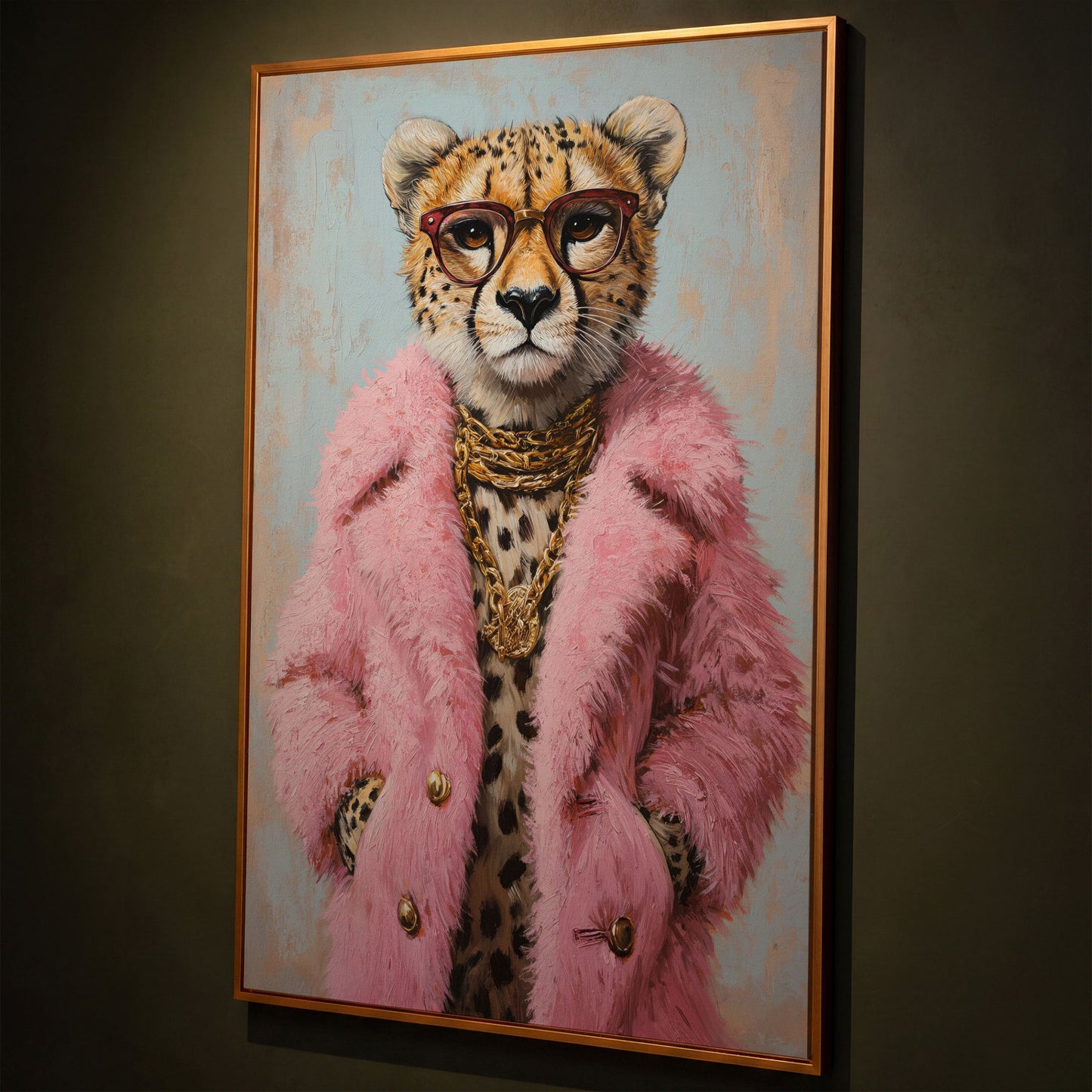 Cheetah in Pink Coat Canvas Print shown in antique gold floating frame