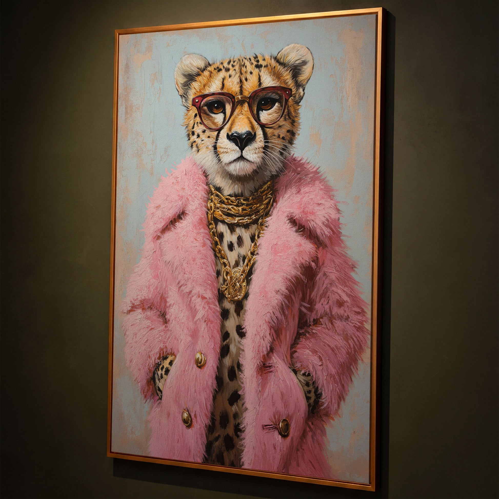 Cheetah in Pink Coat Canvas Print shown in antique gold floating frame
