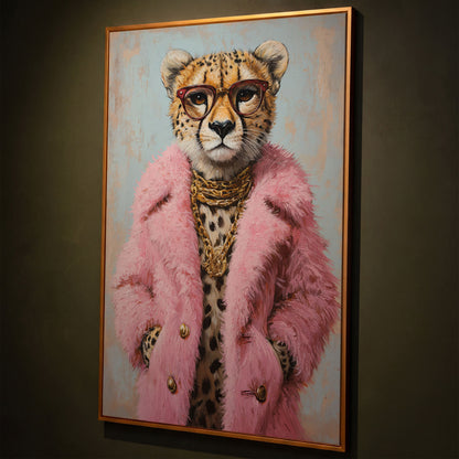 Cheetah in Pink Coat Canvas Print shown in antique gold floating frame