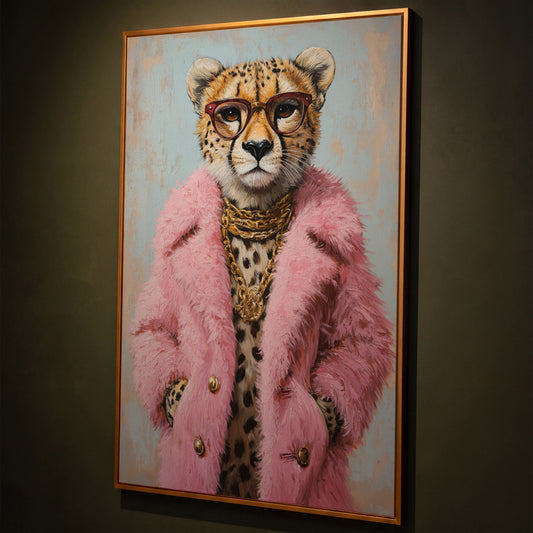 Cheetah in Pink Coat Canvas Print shown in antique gold floating frame