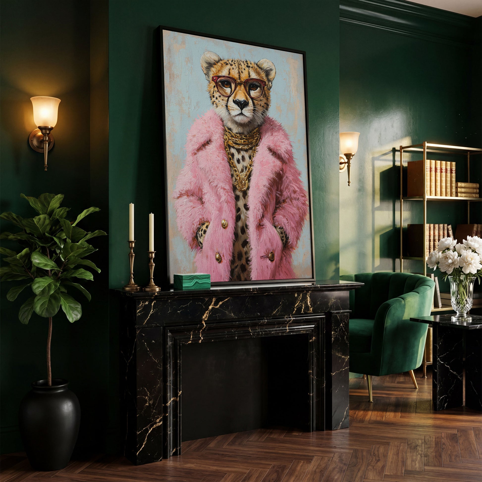 Cheetah in Pink Coat Canvas Print in black floating frame