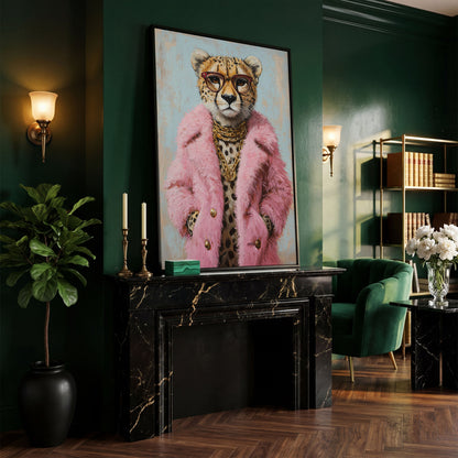 Cheetah in Pink Coat Canvas Print in black floating frame