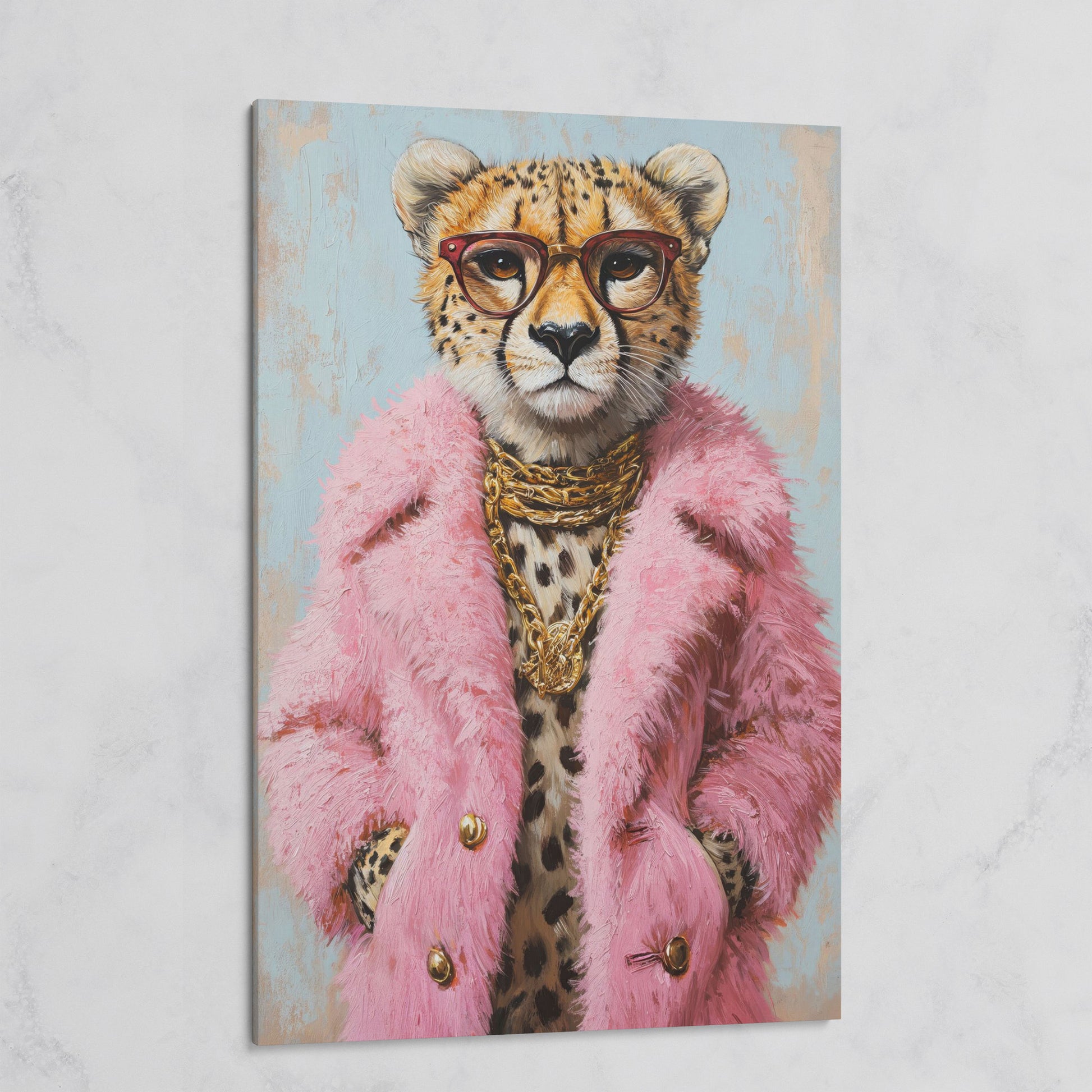 Cheetah in Pink Coat Canvas Print on gallery wrap