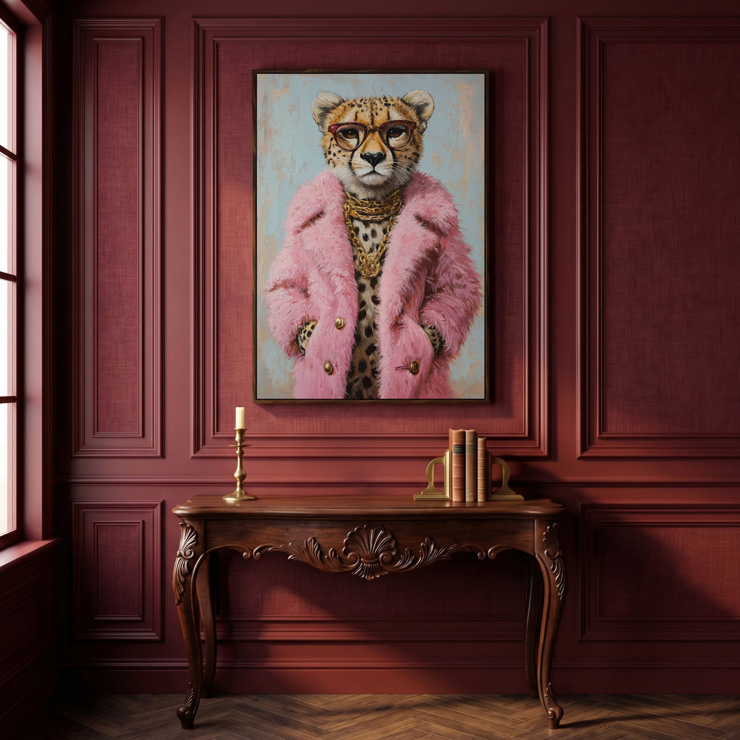 Cheetah in Pink Coat Canvas Print in dark walnut floating frame