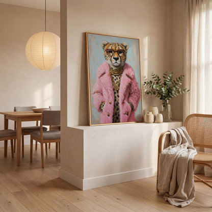 Cheetah in Pink Coat Canvas Print in white oak floating frame