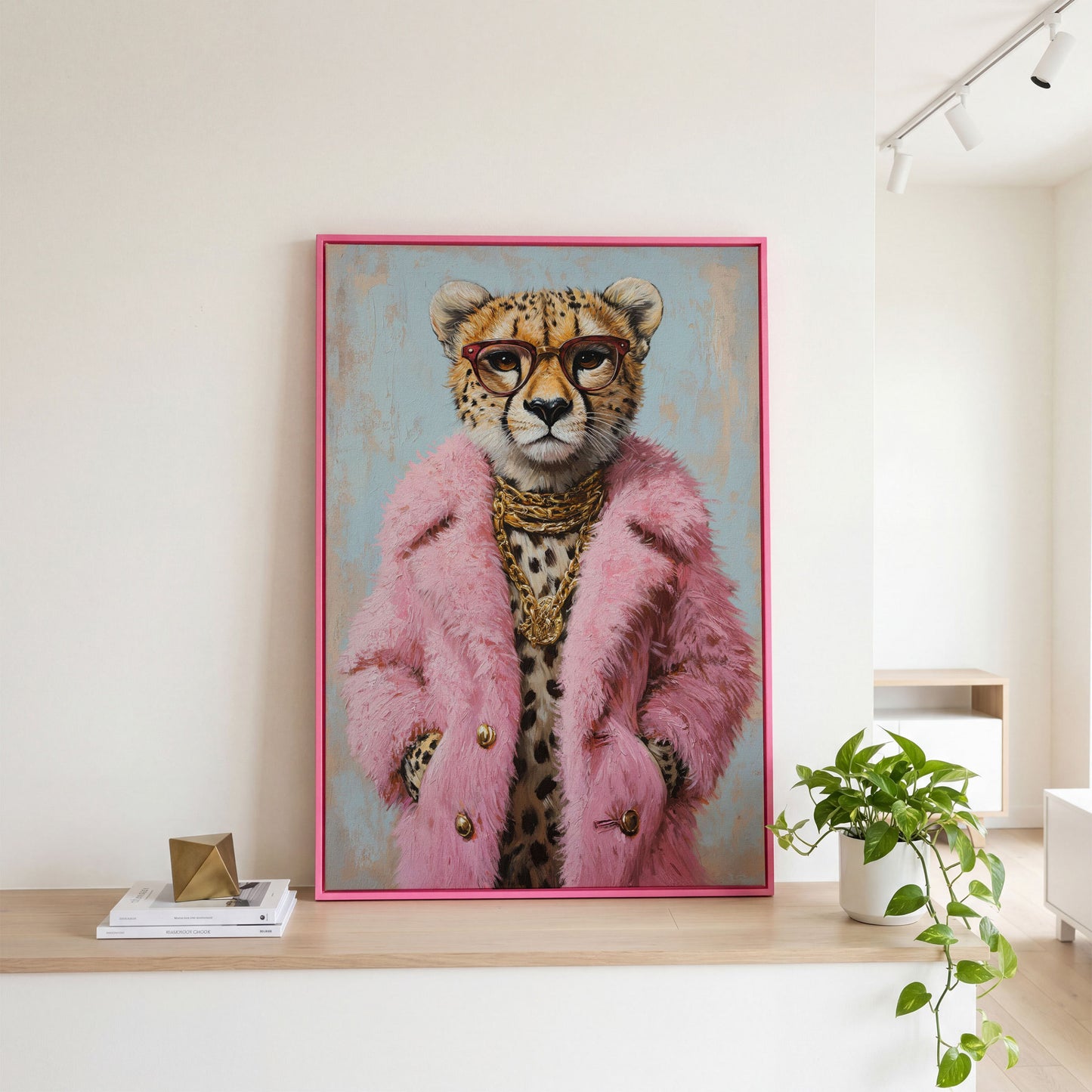 Cheetah in Pink Coat Canvas Print in pink floating frame