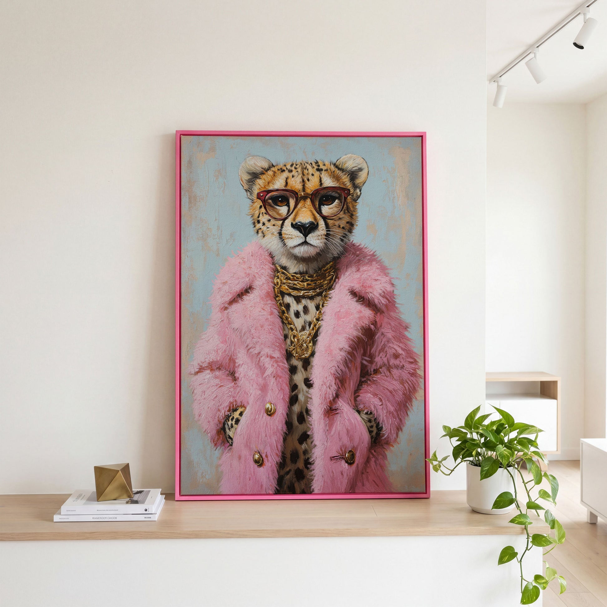 Cheetah in Pink Coat Canvas Print in pink floating frame
