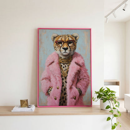 Cheetah in Pink Coat Canvas Print in pink floating frame