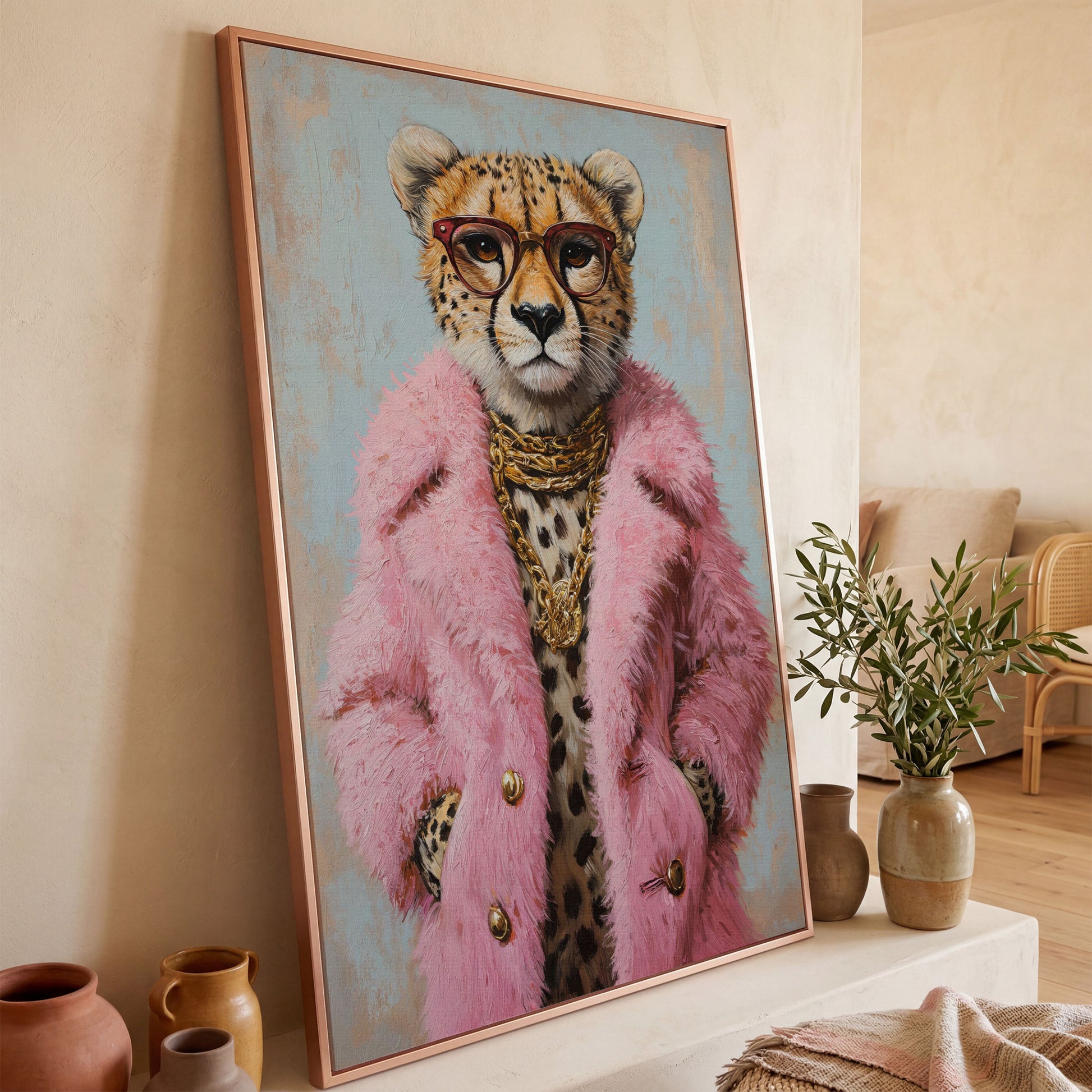 Cheetah in Pink Coat Canvas Print in rose gold floating frame