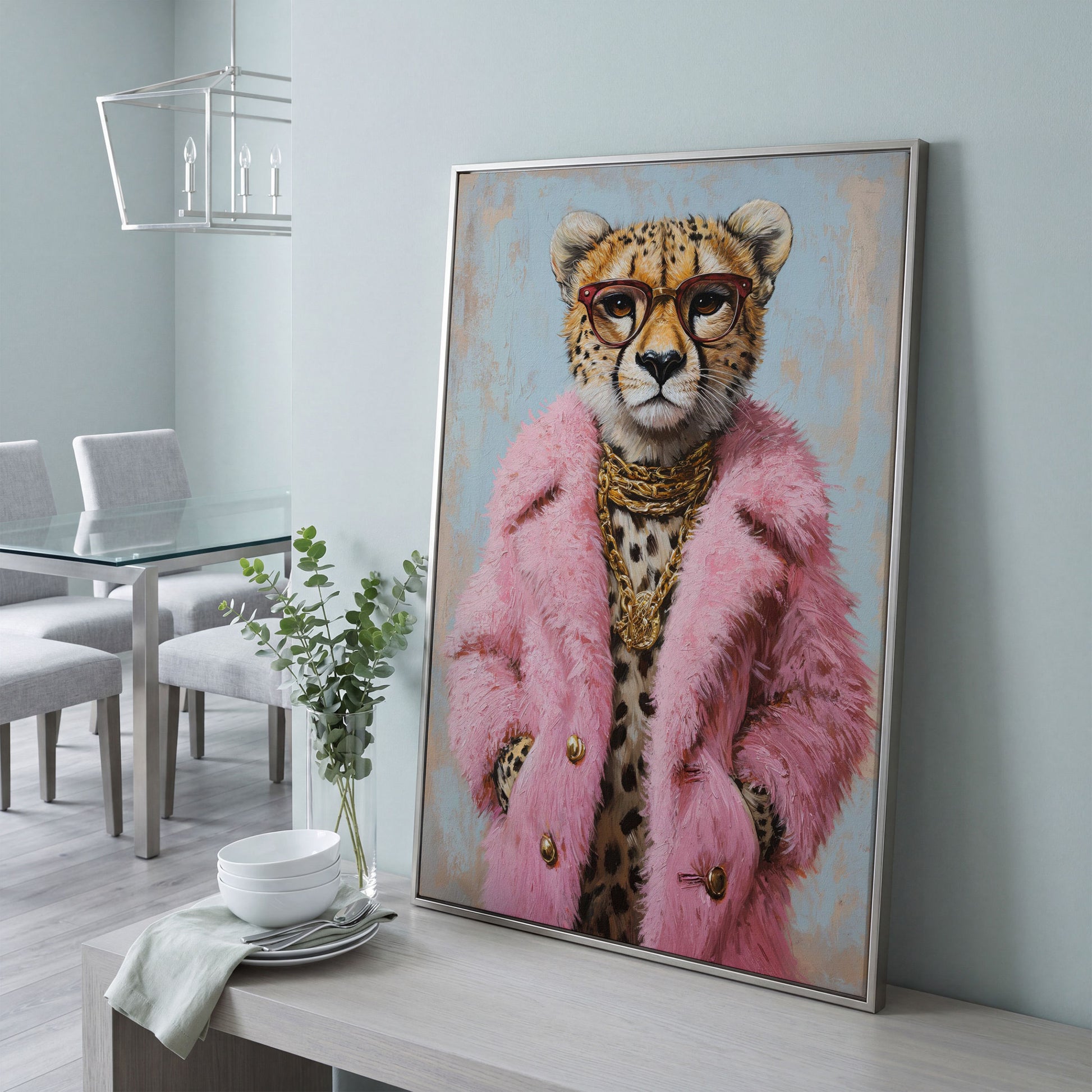 Cheetah in Pink Coat Canvas Print in silver floating frame