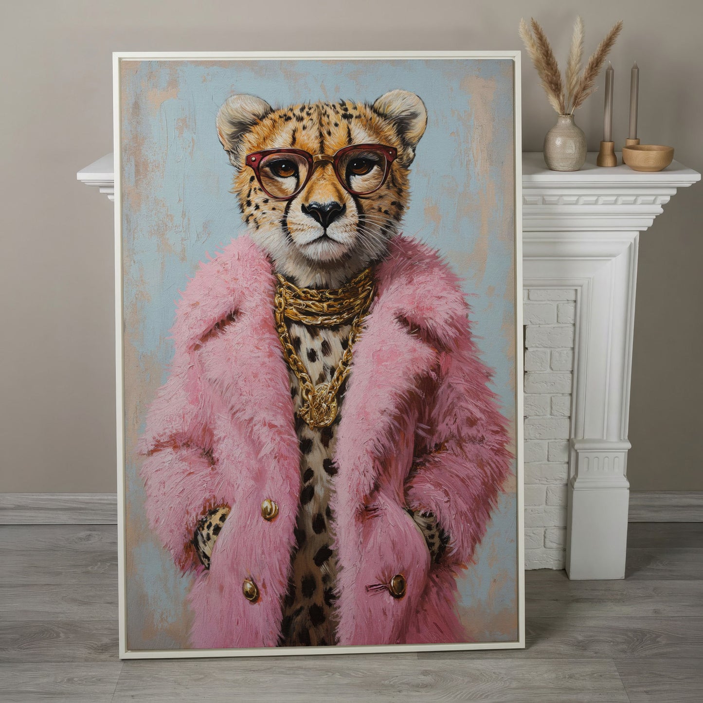 Cheetah in Pink Coat Canvas Print in white floating frame