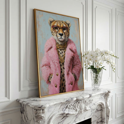 Cheetah in Pink Coat Canvas Print in yellow gold floating frame