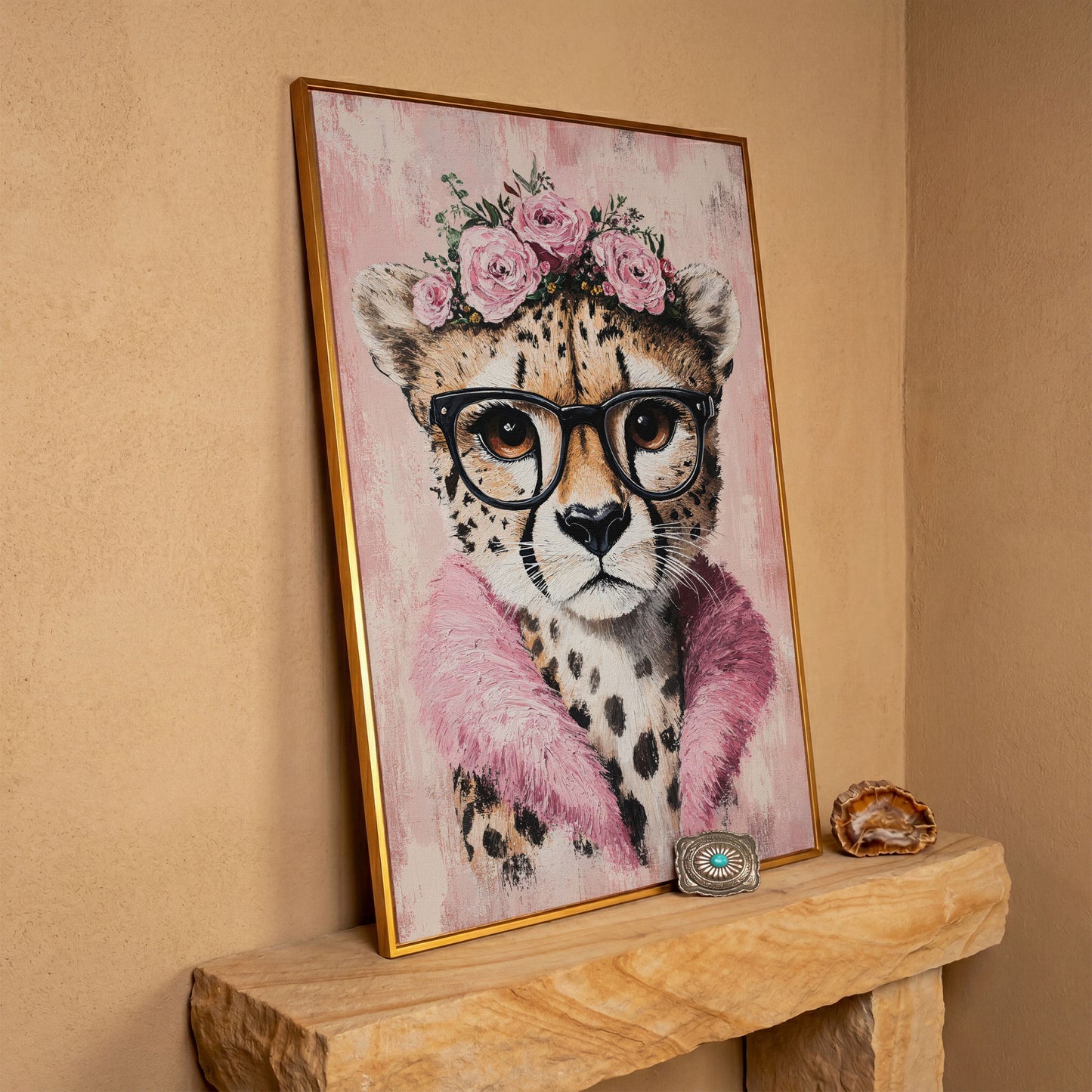 Cheetah with Glasses and Floral Crown Canvas in antique gold floating frame