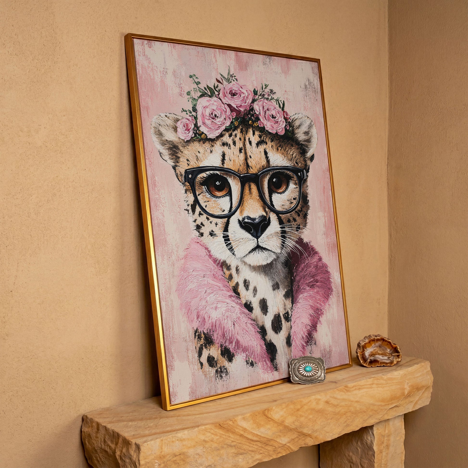Cheetah with Glasses and Floral Crown Canvas in antique gold floating frame