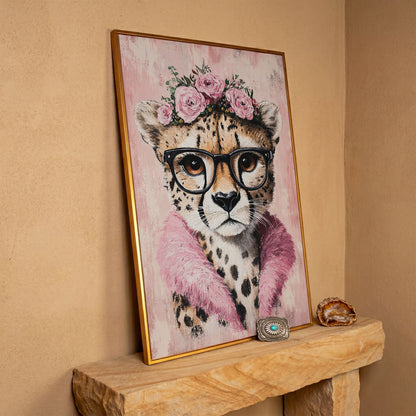 Cheetah with Glasses and Floral Crown Canvas in antique gold floating frame