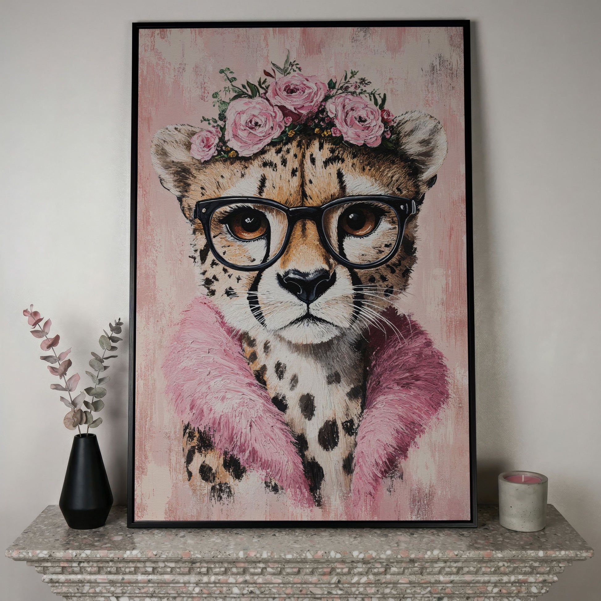 Cheetah with Glasses and Floral Crown Canvas in black floating frame