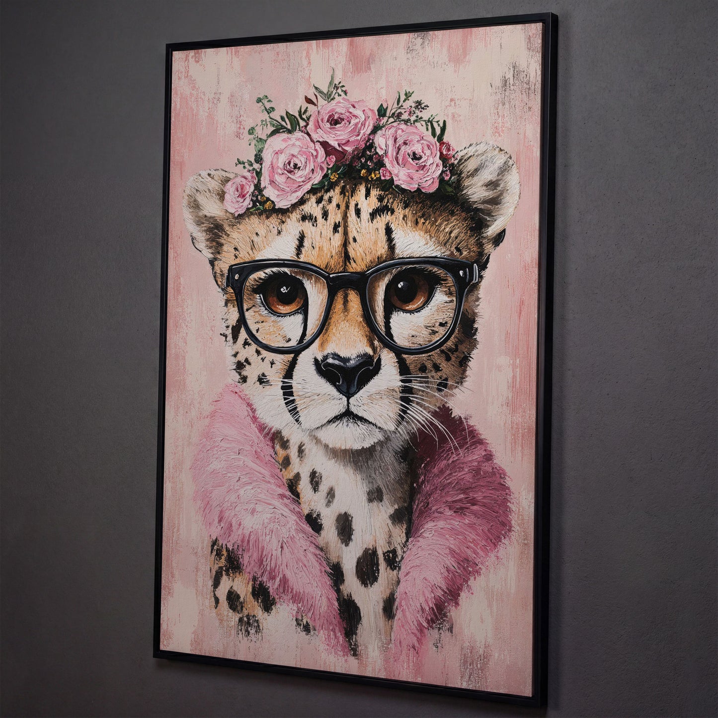 Cheetah with Glasses and Floral Crown Canvas shown in black floating frame