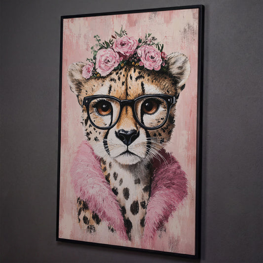 Cheetah with Glasses and Floral Crown Canvas shown in black floating frame