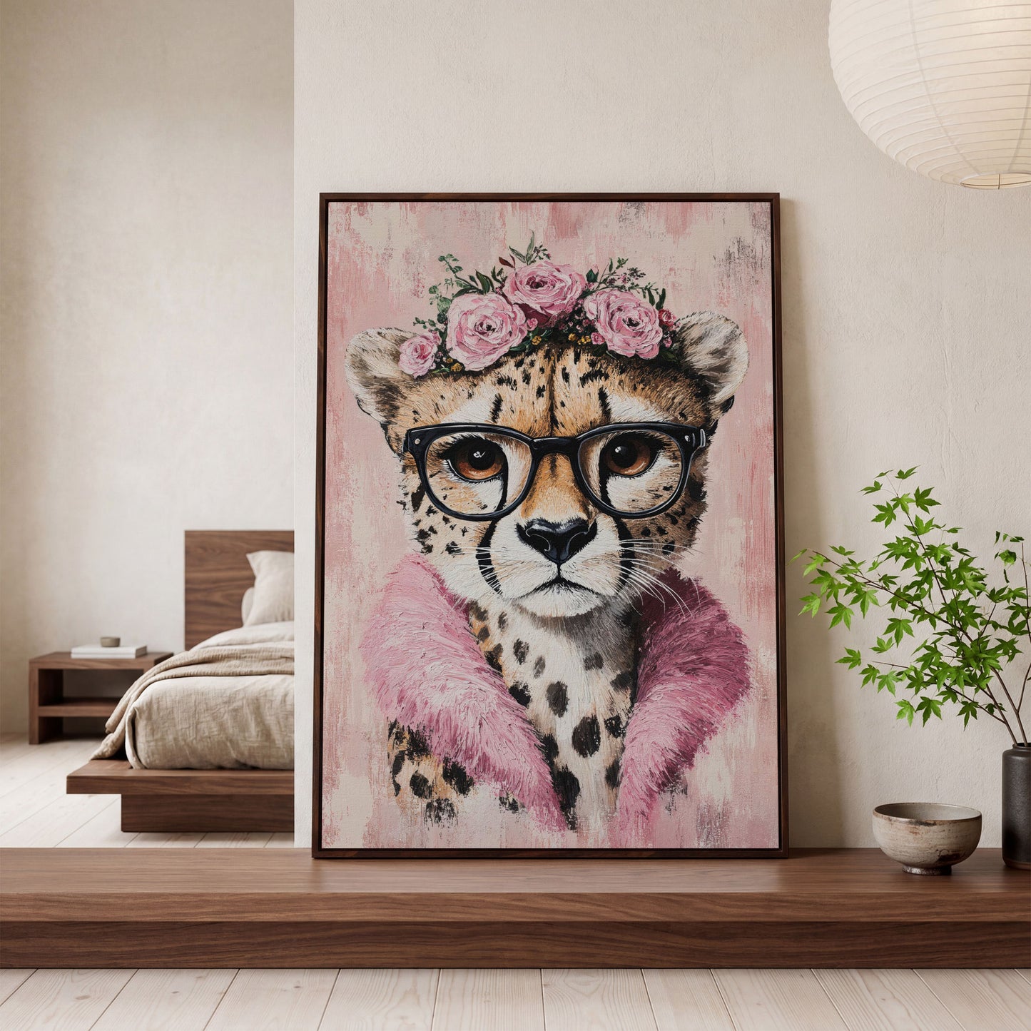 Cheetah with Glasses and Floral Crown Canvas in dark walnut floating frame