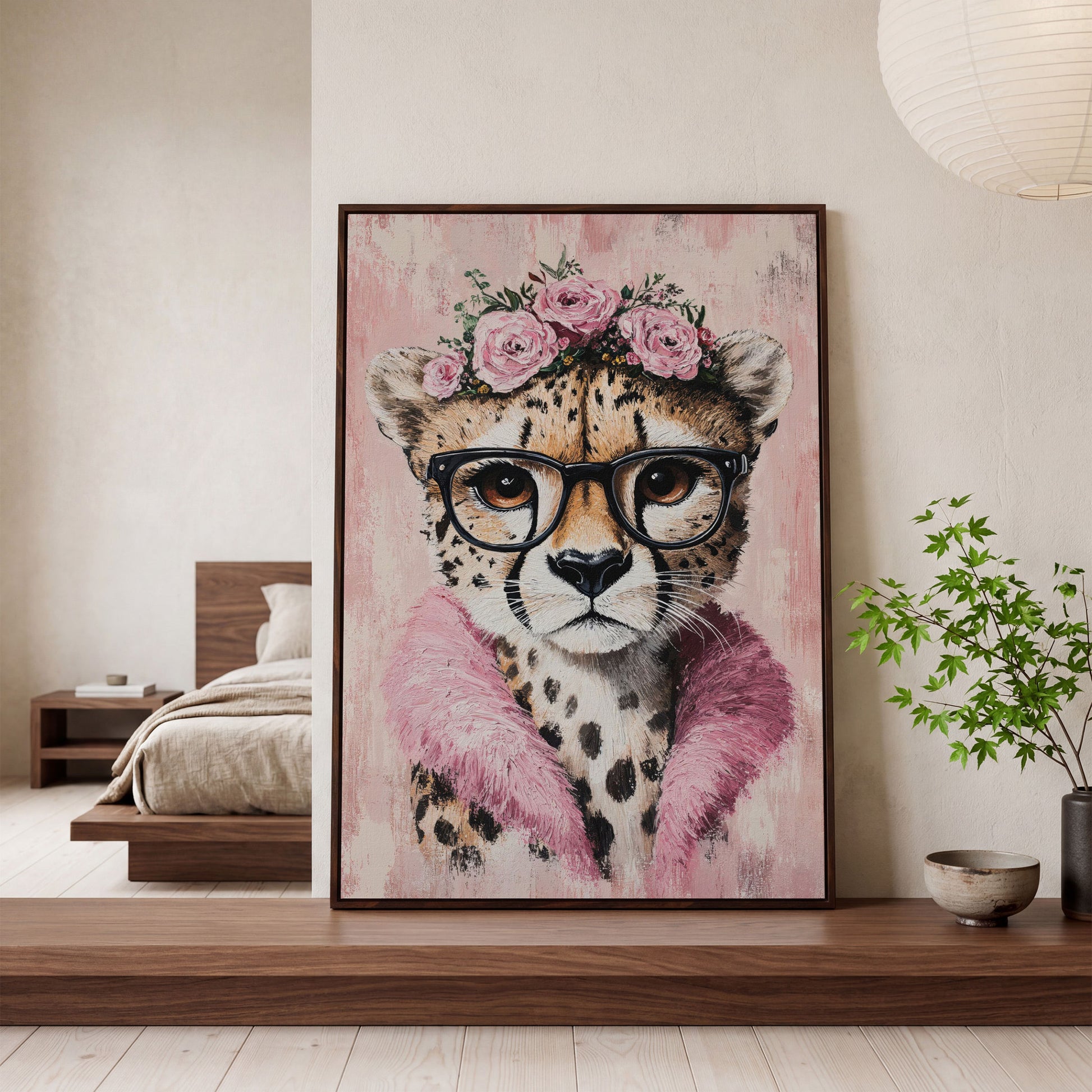 Cheetah with Glasses and Floral Crown Canvas in dark walnut floating frame