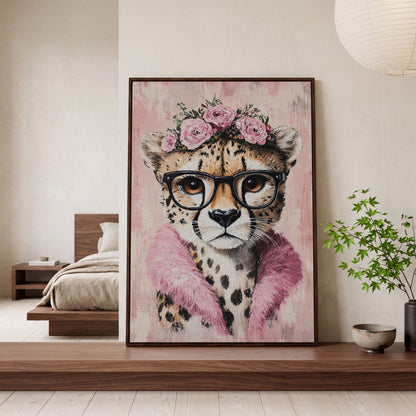 Cheetah with Glasses and Floral Crown Canvas in dark walnut floating frame