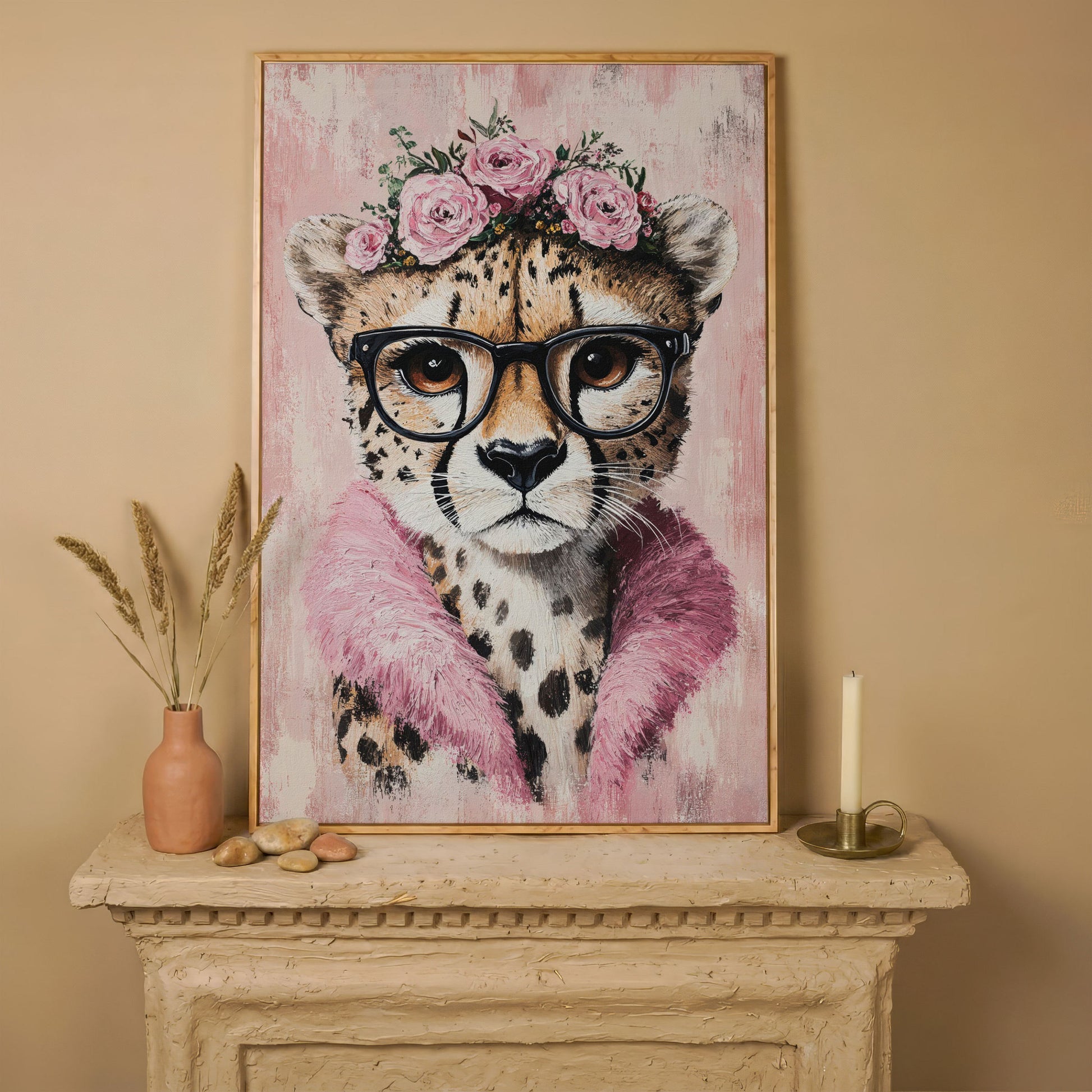 Cheetah with Glasses and Floral Crown Canvas in white oak floating frame