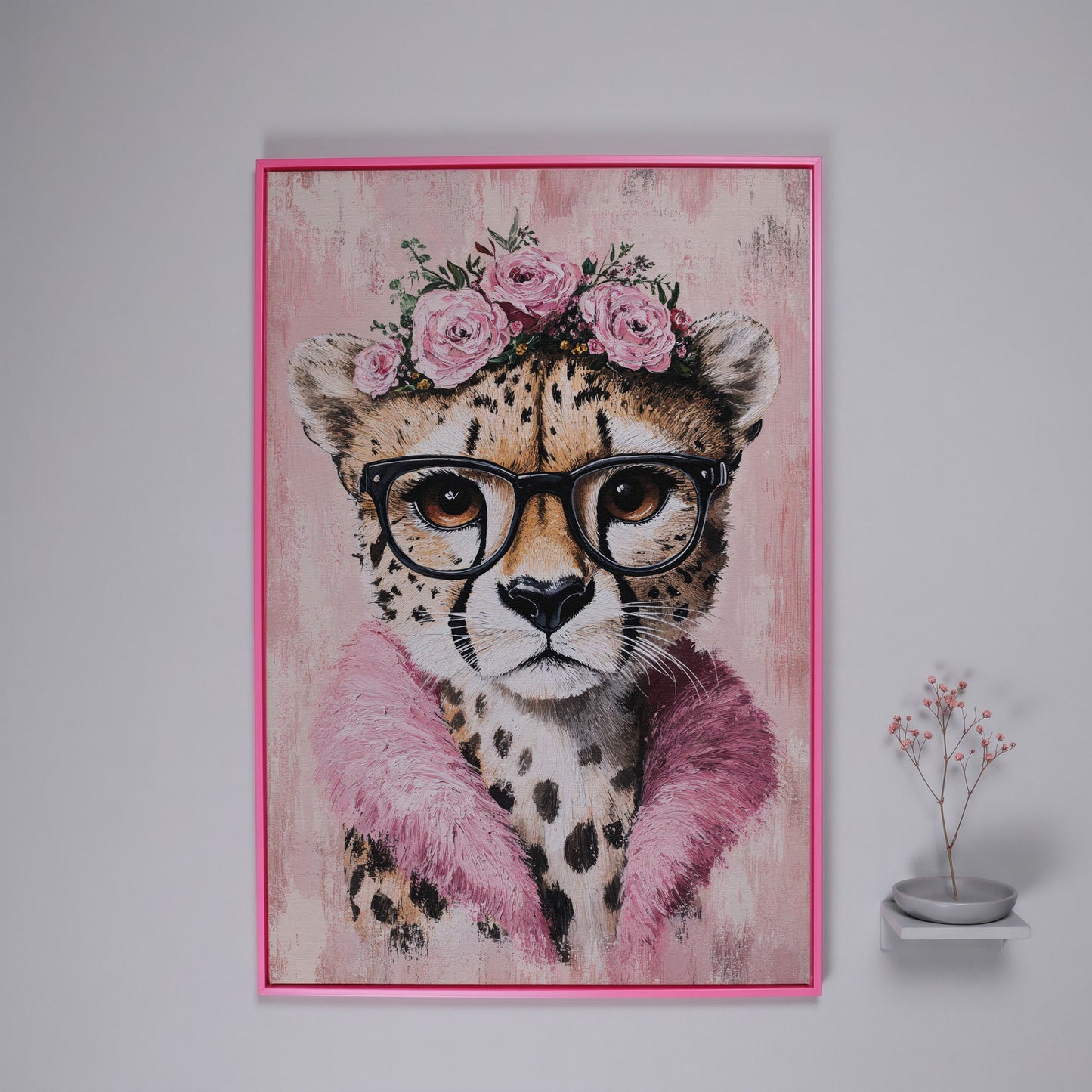 Cheetah with Glasses and Floral Crown Canvas in pink floating frame