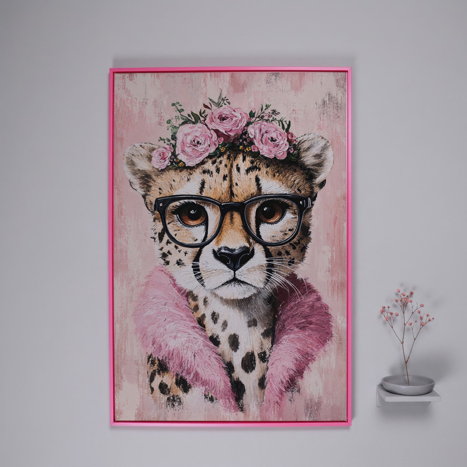 Cheetah with Glasses and Floral Crown Canvas in pink floating frame