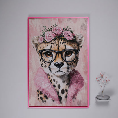 Cheetah with Glasses and Floral Crown Canvas in pink floating frame