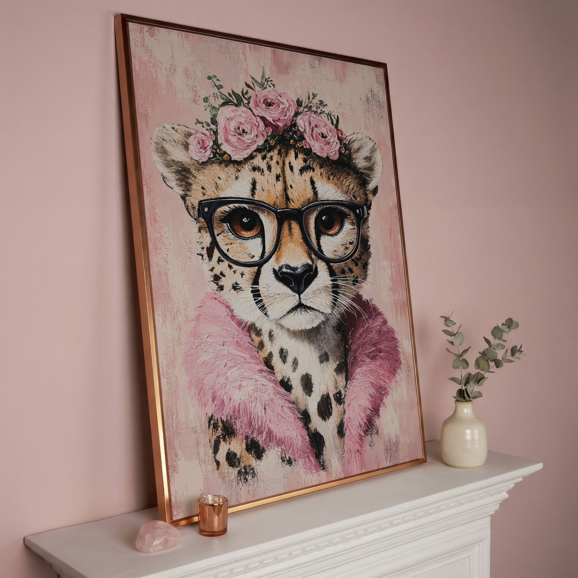 Cheetah with Glasses and Floral Crown Canvas in rose gold floating frame