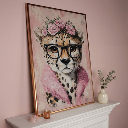 Cheetah with Glasses and Floral Crown Canvas in rose gold floating frame