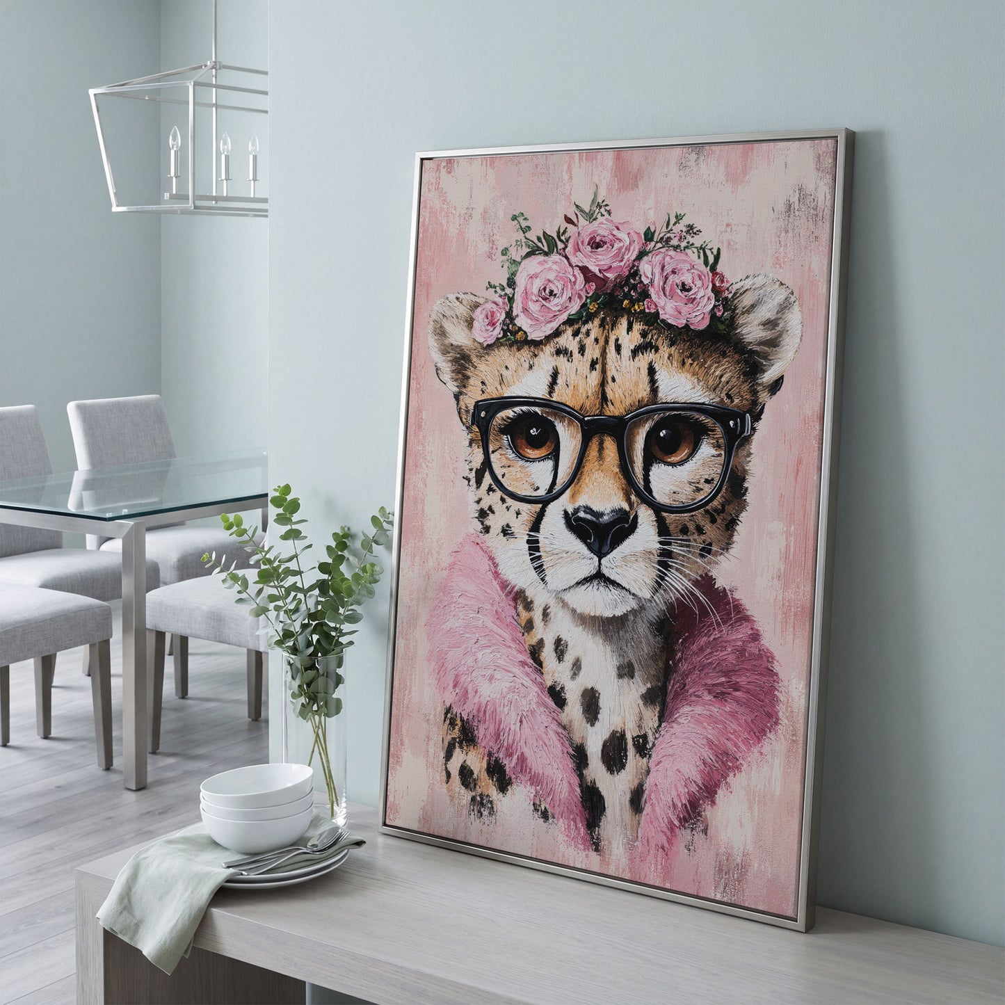 Cheetah with Glasses and Floral Crown Canvas in silver floating frame