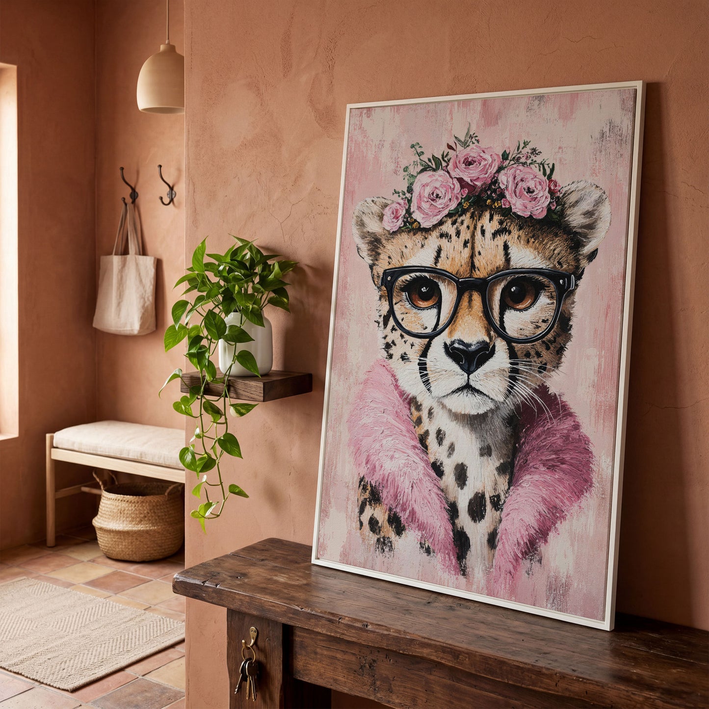 Cheetah with Glasses and Floral Crown Canvas in white floating frame