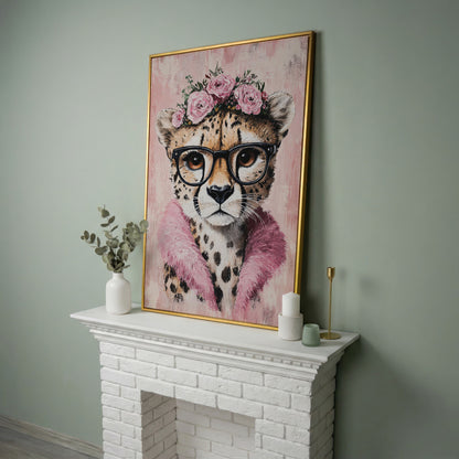 Cheetah with Glasses and Floral Crown Canvas in yellow gold floating frame