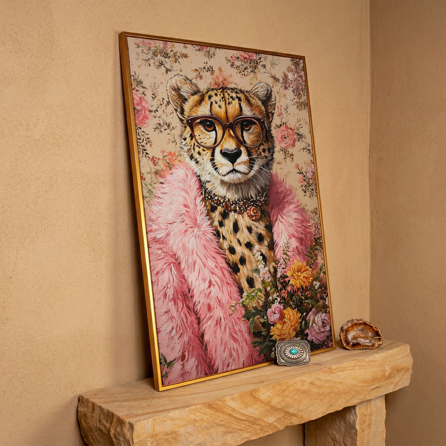 Chic Cheetah with Glasses Canvas Print in antique gold floating frame