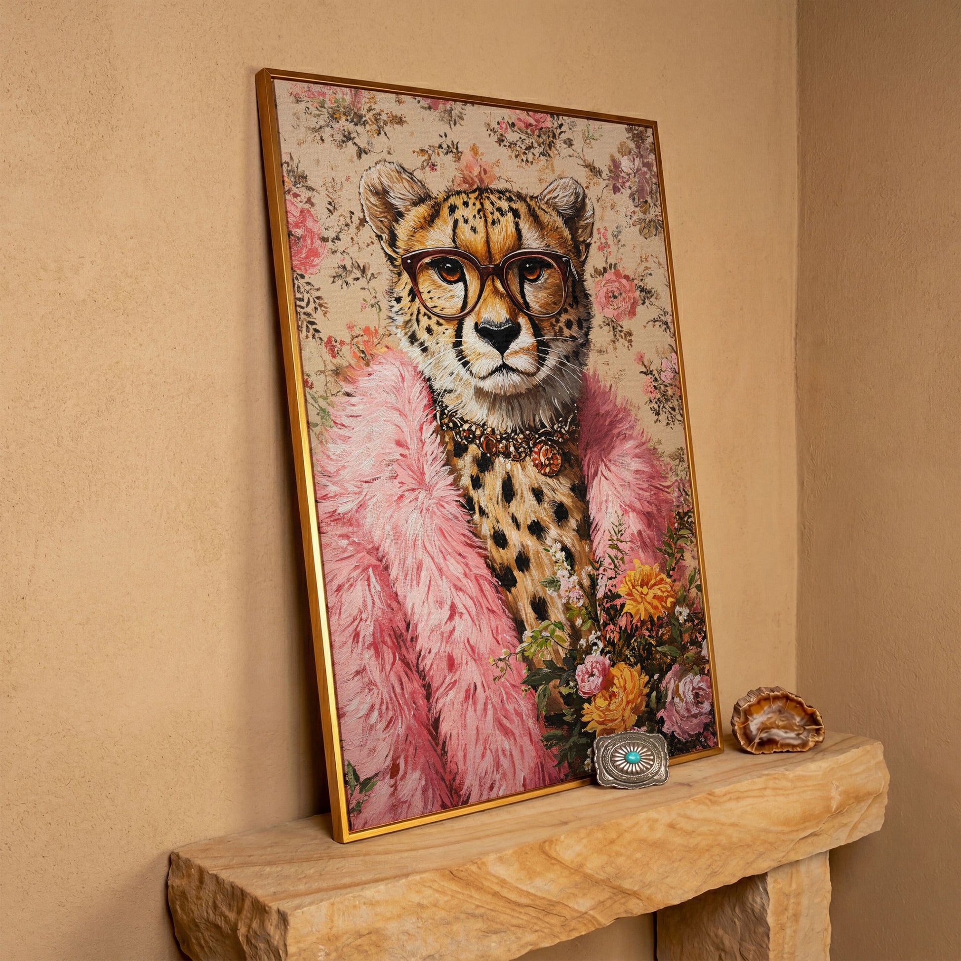 Chic Cheetah with Glasses Canvas Print in antique gold floating frame