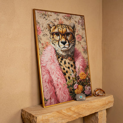 Chic Cheetah with Glasses Canvas Print in antique gold floating frame