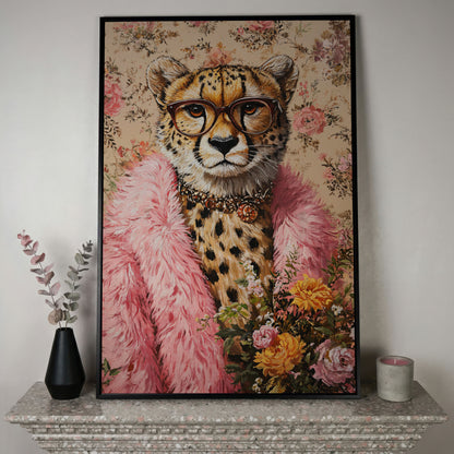 Chic Cheetah with Glasses Canvas Print in black floating frame