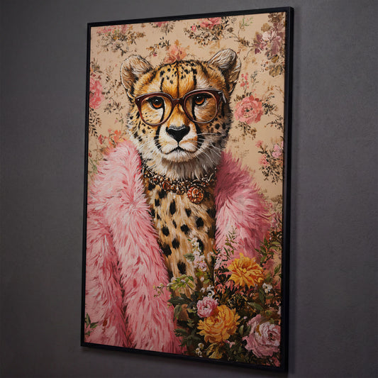 Chic Cheetah with Glasses Canvas Print shown in black floating frame
