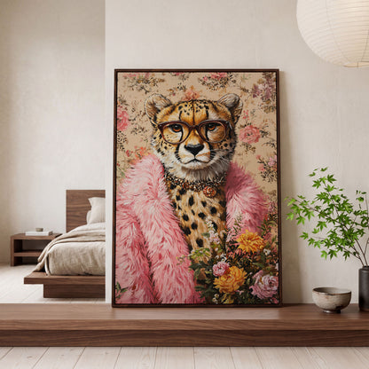 Chic Cheetah with Glasses Canvas Print in dark walnut floating frame