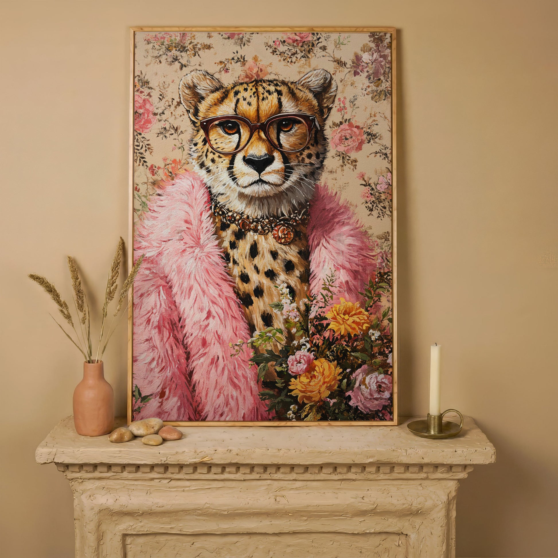Chic Cheetah with Glasses Canvas Print in white oak floating frame