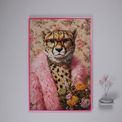 Chic Cheetah with Glasses Canvas Print in pink floating frame