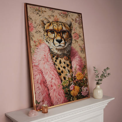 Chic Cheetah with Glasses Canvas Print in rose gold floating frame
