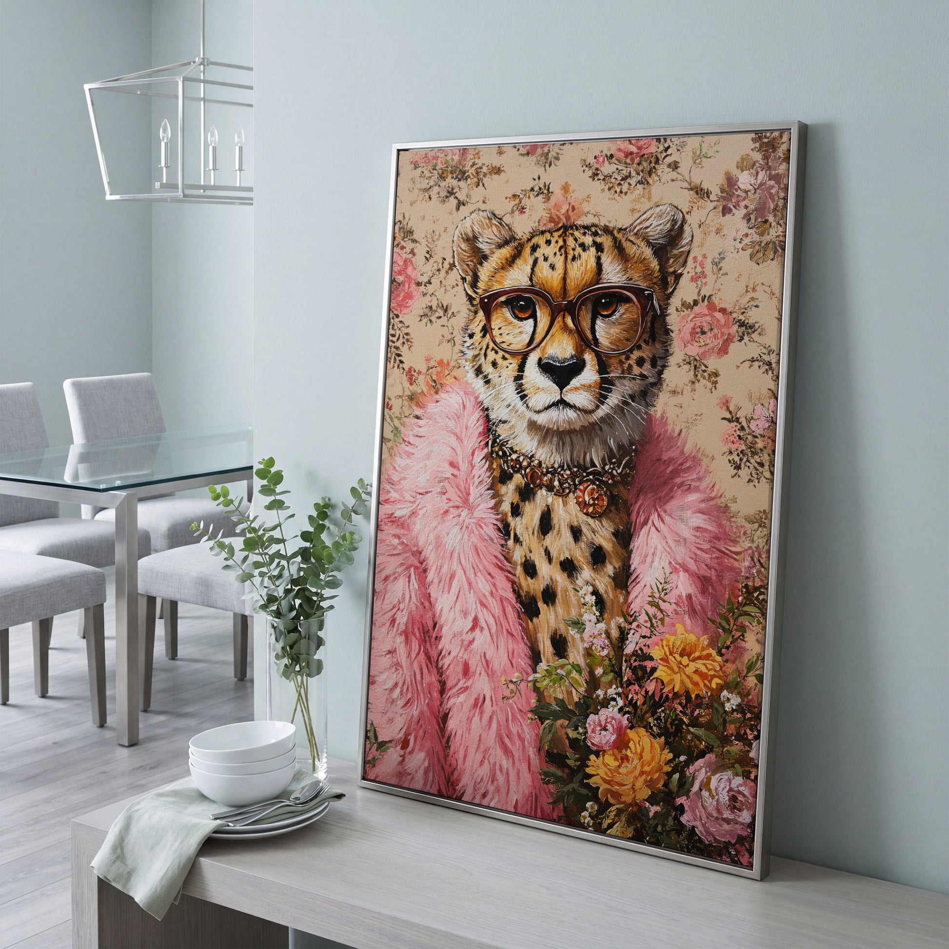 Chic Cheetah with Glasses Canvas Print in silver floating frame