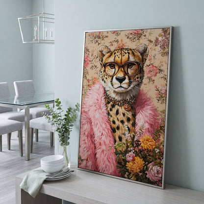 Chic Cheetah with Glasses Canvas Print in silver floating frame