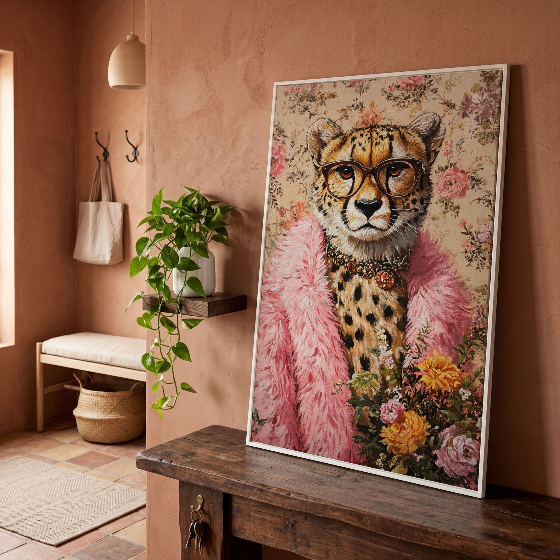 Chic Cheetah with Glasses Canvas Print in white floating frame